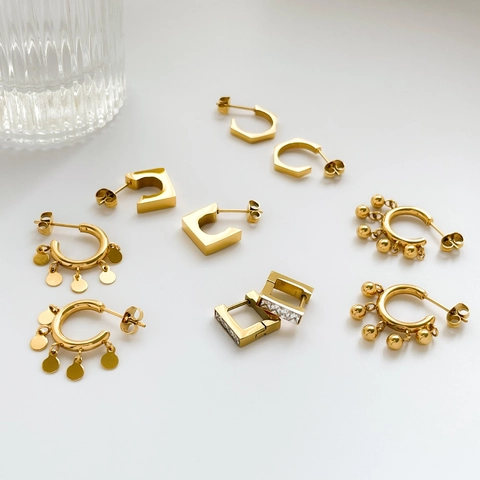 Geometrische Creolen Ohrringe Vergoldeter Edelstahl Rundperlen Scheibe Quadrat Zirkonia Retro Schmuck Damen