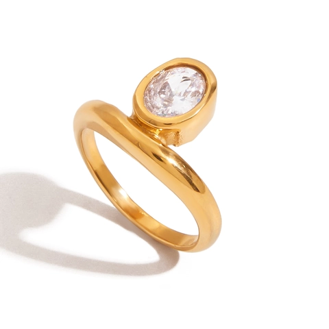 Stainless Steel Ring 18K Gold Plated Oval Cubic Zirconia Waterproof Hypoallergenic Minimalist Fashion Jewelry For Women
