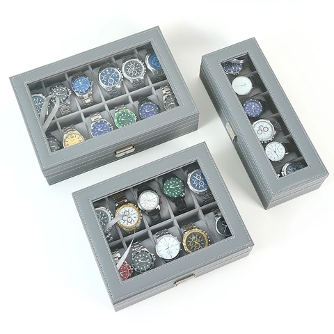 Caja Organizadora de Relojes de Cuero PU Gris para Joyería Con Ventana de Vidrio Transparente y Cierre de Metal para Hogar Oficina
