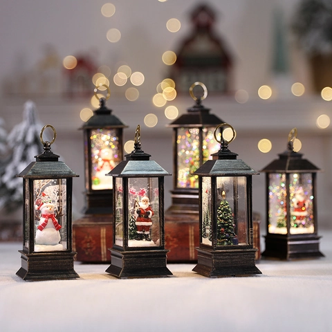Retro Weihnachts Laterne LED Wasser Schneekugel Weihnachtsmann Schneemann Ornament Tischdeko Batteriebetrieben Bronze Glitzer