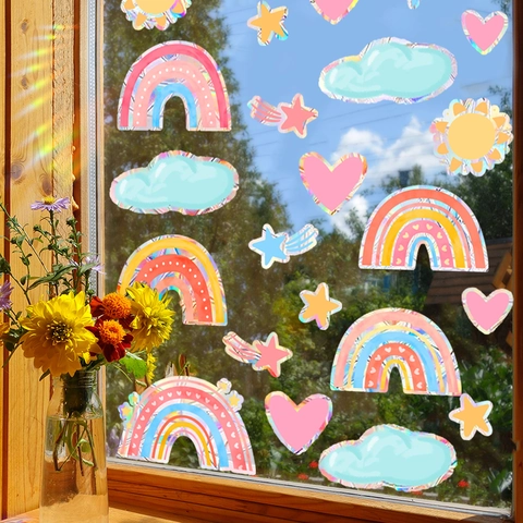 Suncatcher Window Stickers Prism Effect Static Cling PVC Rainbow Maker Heart Cloud For Glass Surfaces Home Decor