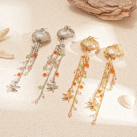 Orecchini Nappa Medusa Stella Marina Lega Perline Di Vetro Frangia Lunga Vacanze Spiaggia Stile Bohemien Oceano Donna