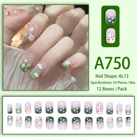 Green Gradient Press On Nails Flower And Cloud Design Square Shape Fresh Style For Women Daily Wear Artificial Manicure