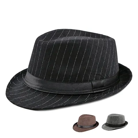 Vintage British Style Fedora Hat Striped Woolen Blend Jazz Cap With Satin Ribbon Short Brim Elegant For Autumn Winter