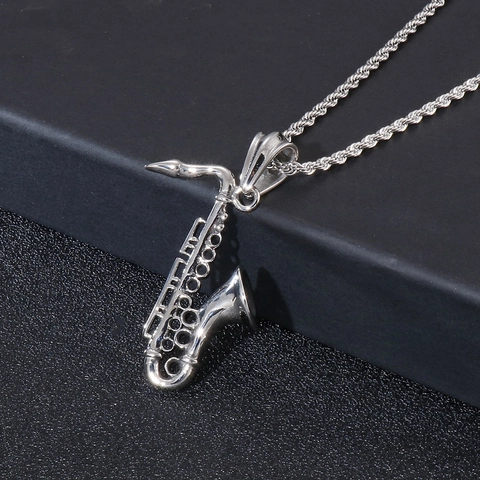 Collar Con Colgante De Saxofón Instrumento Musical Acero Inoxidable Con Cadena De Cuerda Joyería Hip Hop Para Hombres