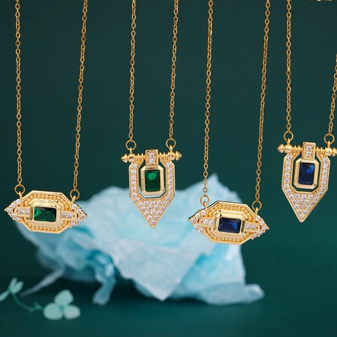 Vintage Geometric Copper Rhinestone Pendant Necklace For Women Retro Art Deco Gold Plated Jewelry Emerald Blue Stone Accessory