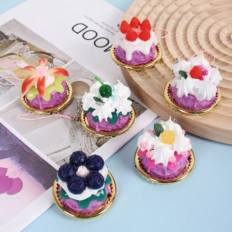 Realistic Artificial Cake Dessert Pendant Keychain Miniature Food PVC Resin Bag Charm Phone Strap Cute Fruit Decor