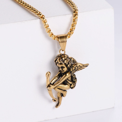 Collar De Cadena Box Con Colgante De Ángel Cupido De Acero Inoxidable 304 Retro Escultura 3D Vintage Joyería Para Hombre Y Mujer