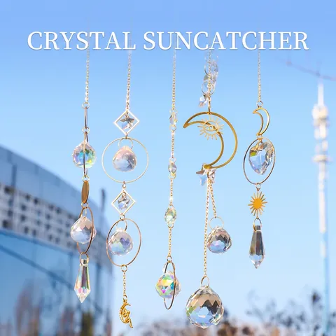 Crystal Suncatcher Hanging Decoration Metal Moon Sun Star Prism Rainbow Maker Window Garden Ornament Home Decor Aesthetic