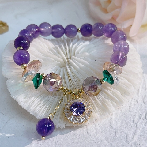 Amethist Kralen Armband Met Kristallen Micro Geplaveide Zirkoon Bloem Hanger Zoete Elegante Hand Sieraden Voor Vrouwen