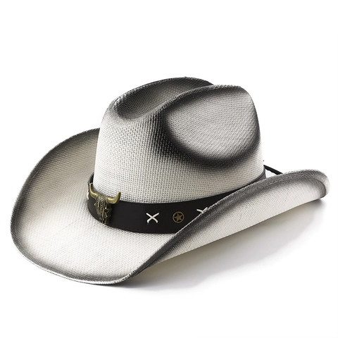 Cappello Da Cowboy In Paglia Intrecciata Tesa Larga Protezione Solare All Aperto Retro Fascia Cuoio Testa Di Toro