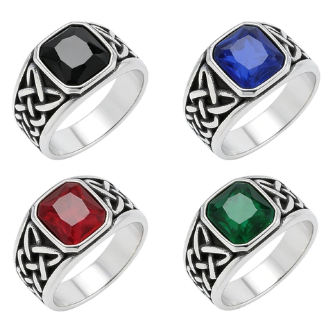 Anello Uomo Acciaio Inossidabile Retro Nodo Celtico Pietra Rettangolare Stile Vichingo Gioielli