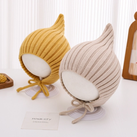 Baby Knitted Elf Hat Ribbed Ear Protection Windproof Solid Color Beanie With Chin Strap For Toddlers