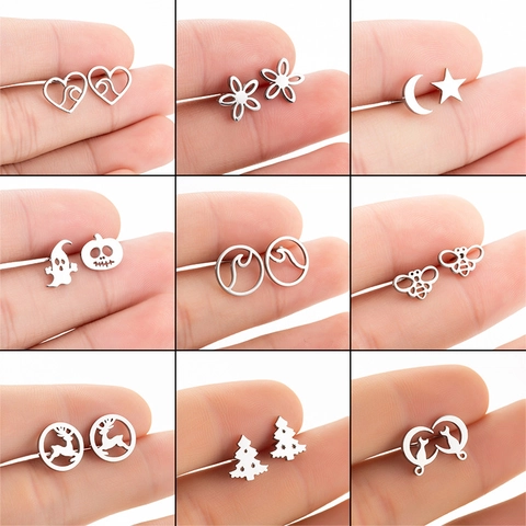 Boucles Oreilles Puces Acier Inoxydable Découpé Géométrique Sapin Noël Renne Abeille Fleur Coeur Étoile Lune Bijoux Halloween Femme
