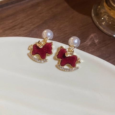 Rocking Horse Stud Earrings Enamel Flocking Zircon Faux Artificial Pearl Decorative Animal Jewelry With Silver Earring Post For Women