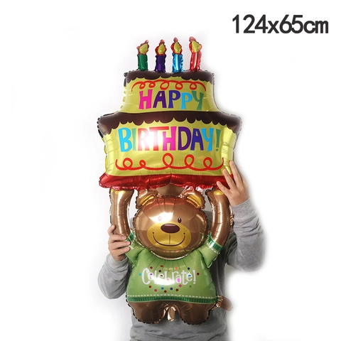 Palloncino in Foil a Forma di Orsetto con Torta di Compleanno Grande Gonfiabile Happy Birthday Decorazione per Feste Bambini