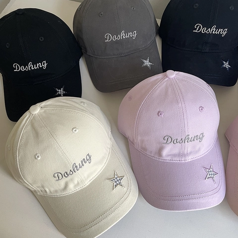 Cotton Baseball Cap With Star Plaid Patch Dashing Letter Embroidery Adjustable Soft Top Casual Sun Hat For Women
