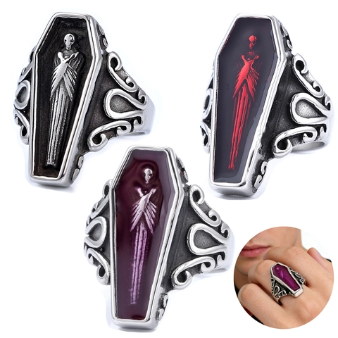 Gotischer Sarg Skelett Ring Edelstahl Punk Totenkopf Halloween Schmuck Retro Geschnitzt Dunkel Emaille Band Für Herren