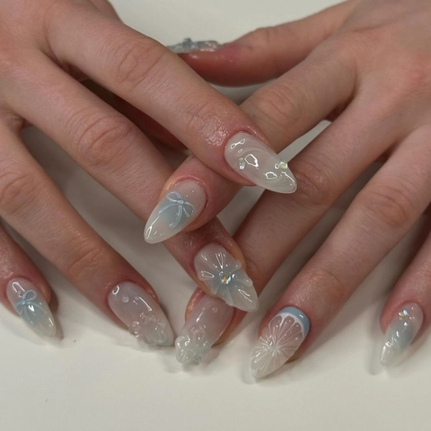 Blue White Gradient Press On Nails Long Almond French Style 3D Relief Bowknot Flower Rhinestone Removable False Nails