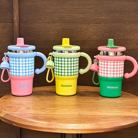 Isolierter Kaffeebecher Edelstahl Keramikeinsatz Mit Strohhalm Griff Tragbare Plaid Thermoskanne Für Haus Büro Reise