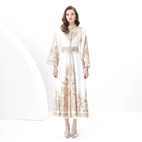 Vintage Barock Print Maxikleid Stehkragen Langarm Mit Gürtel A-Linie Elegant Polyester Retro Stil Für Damen