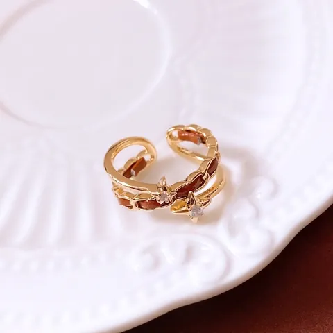 Vintage Star Shape Copper Open Ring With Brown Leather Twisted Braided Design And Zircon Inlay For Women Retro Jewelry