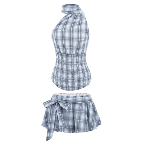 Tenues Haut Licou À Carreaux Et Mini Jupe En Polyester Seersucker Froncée Élastique Style Plage Décontracté Pour Femmes