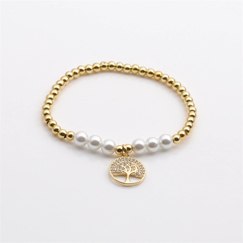 Pulsera Elástica De Cuentas Cobre Chapado En Oro Con Perlas Artificiales De Imitación Y Colgante Árbol De La Vida Para Mujer
