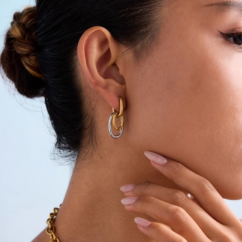 Interlocking Oval Hoop Earrings Stainless Steel Two-Tone Gold Silver Minimalist Geometric Luxury Fashion Jewelry For Women