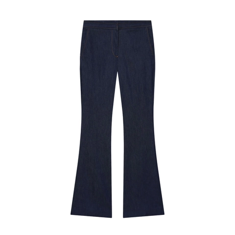 Top A Tubo In Denim Da Donna E Pantaloni A Zampa Blu Scuro Cuciture A Contrasto Orlo Peplum Cerniera Anteriore