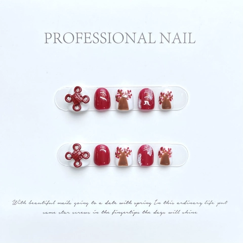 Handgemaakte Press On Nagels 3D Chinese Knoop Rood Wit Bloemen Schattige Korte Ronde Kunstnagels Voor Kinderen