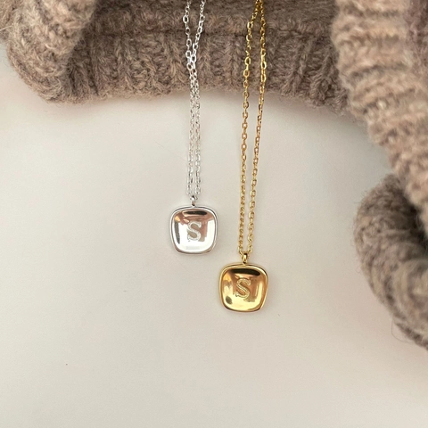 925 Sterling Silver Necklace With Square Rounded Pendant Engraved Initial Letter S Minimalist Jewelry For Women