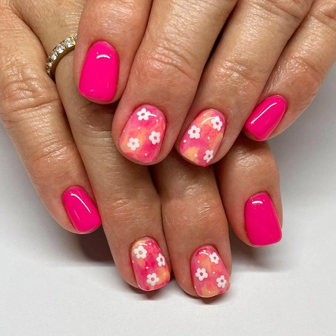 Unghie Finte Fuchsia Rosso Motivo Fiori Bianchi Corto Quadrato Tondo Stile Ins Dolce Manicure Artificiale Portatile
