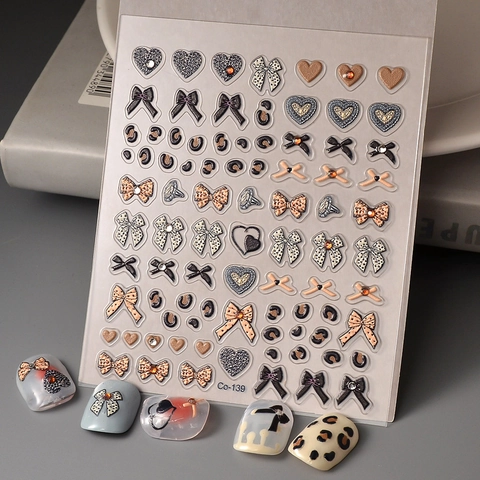 5D Relief Nail Art Stickers Leopard Bowknot Heart Design Self Adhesive Manicure Decor DIY Nail Decals