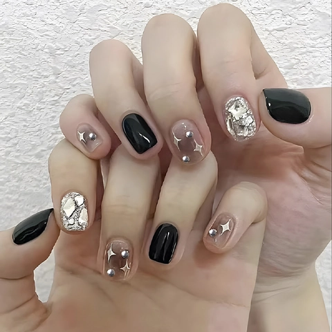 Schwarze Farbverlauf Press On Nägel Silber Glitzer Sternmotiv Eckig Rund Falsche Fingernägel Glänzend Modisch Damen