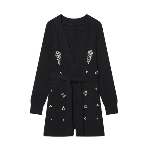 Women Knitted Cardigan Sweater Long Sleeve V Neck Rhinestone Decoration Tie Waist Belt Elegant Knitwear