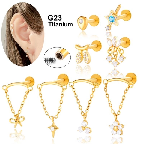 G23 Titanium Lip Ring Studs Zircon Internally Threaded Flat Back Chain Cartilage Earrings For Women Body Jewelry Luxury Piercing Accessories