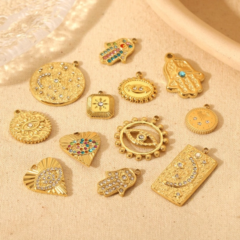 Stainless Steel Charms Pendants 18K Gold Plated Zircon Evil Eye Hamsa Hand Sun Moon Star Waterproof DIY Jewelry Making Fashion
