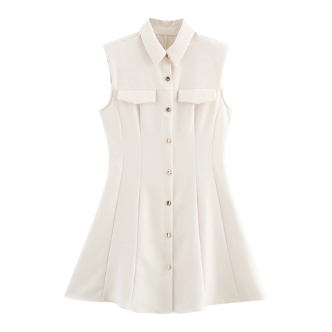 Ärmelloses Mini Kleid Mit Schulterpolstern Reverskragen Goldene Knöpfe Elegantes Bürokleid Hohe Taille Polyester