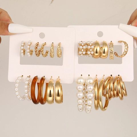 Pendientes de Aro en Forma de C de Aleación de Oro Vintage para Mujer Perla Artificial Resina Poste de Acero Inoxidable