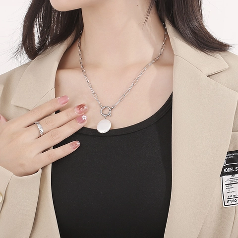 Stainless Steel Paperclip Chain Necklace With Large White Shell Artificial Pearl Pendant Baroque Minimalist Elegant Jewelry For Women