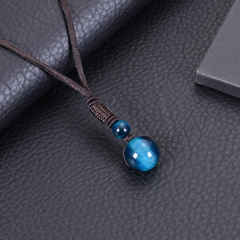 Natural Stone Pendant Necklace Blue Tiger Eye Lapis Lazuli Round Bead Adjustable Hand Woven Rope Jewelry Unisex