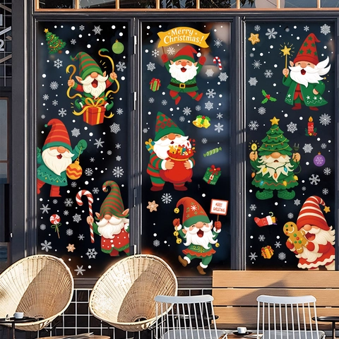 Christmas Window Stickers PVC Static Cling Gnomes Snowflakes Glass Decals For Holiday Party Home Decoration