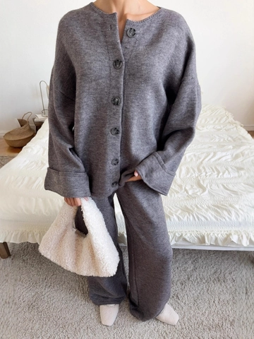 Cárdigan De Punto Y Pantalones Largos Para Mujer Mezcla De Algodón Punto Color Sólido Ropa De Casa Informal