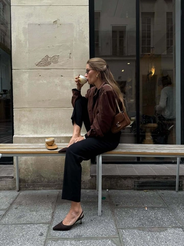 Women Faux Suede Jacket Stand Collar Padded Shoulder Pleated Puff Sleeves Vintage Solid Color Button Up Short Outerwear
