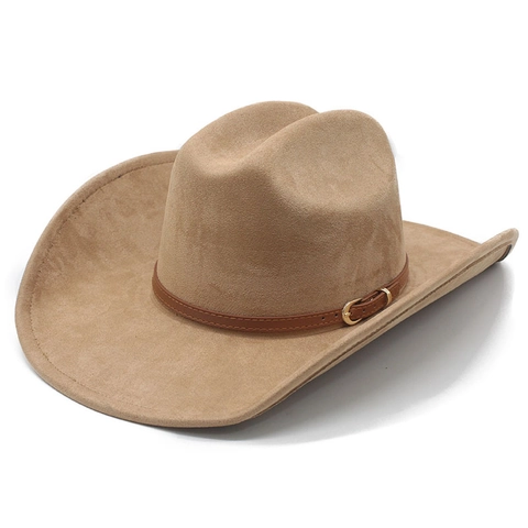 Western Cowboy Hat Suede Vintage Outdoor Sun Protection Wide Brim Jazz Fedora With Leather Band Metal Buckle For Men Women