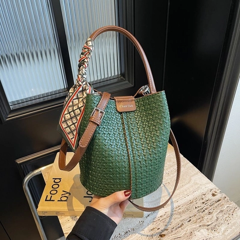 Woven PU Leather Bucket Bag Satin Scarf Handle Handbag Adjustable Strap Vintage Fashion Women
