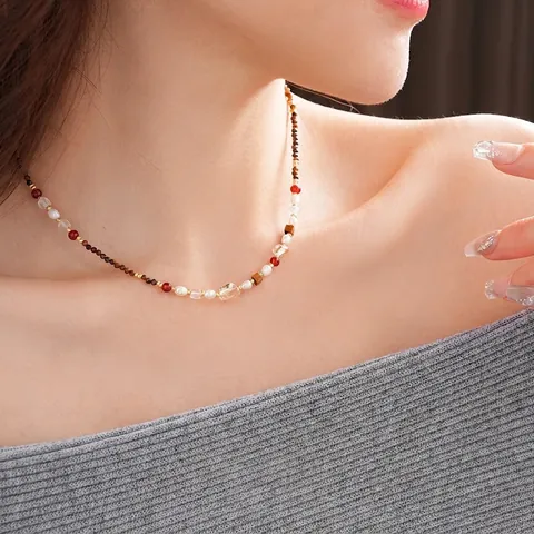 Vintage Tiger Eye Stone Freshwater Pearl Beaded Necklace For Women Stainless Steel Agate Crystal Jewelry Bohemian Style