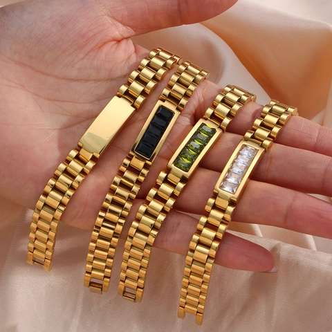 Bracelet pour Femme en Acier Inoxydable Style Bracelet de Montre Avec Incrustation de Zirconia Mode Plaqué Or Chaîne Réglable Bijoux