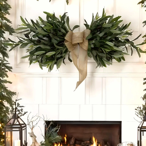 Artificial Olive Branch Swag With Burlap Bow Satin Leaf Plastic Fruit Wall Hanging Farmhouse Door Decor Greenery